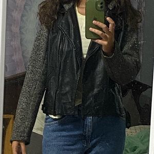 Hooded Leather jacket with heavyweight knit details